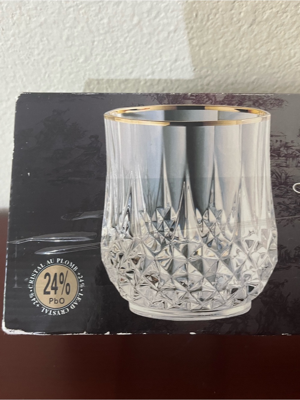Longchamp Set of 4 Crystal Cut Whiskey Glasses with Gold Rim